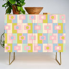 Mid Century Modern Pastel Pink Rektangel Geometric Pattern with Light Blue and Chartreuse Credenza Gallery Image 1