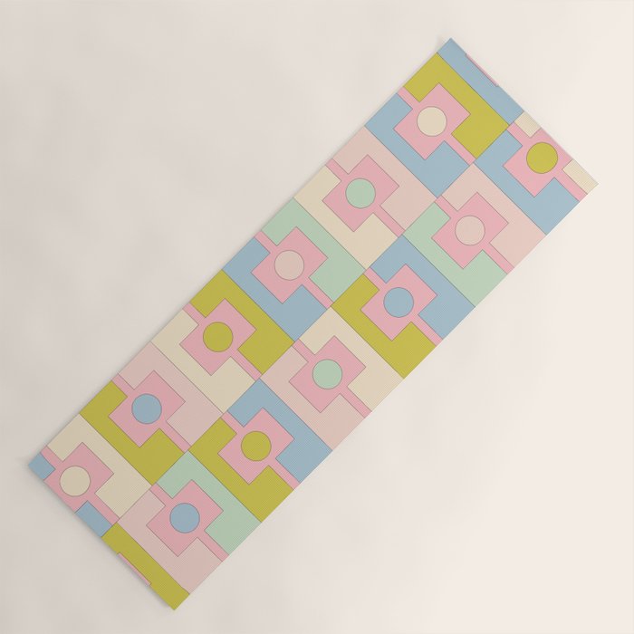 Mid Century Modern Pastel Pink Rektangel Geometric Pattern with Light Blue and Chartreuse Yoga Mat Gallery Image 1