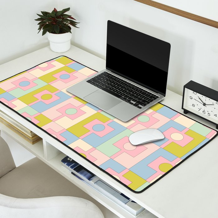 Mid Century Modern Pastel Pink Rektangel Geometric Pattern with Light Blue and Chartreuse Desk Mat Gallery Image 2