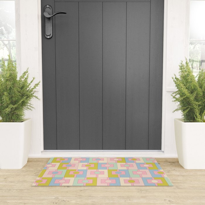 Mid Century Modern Pastel Pink Rektangel Geometric Pattern with Light Blue and Chartreuse Welcome Mat Gallery Image 3