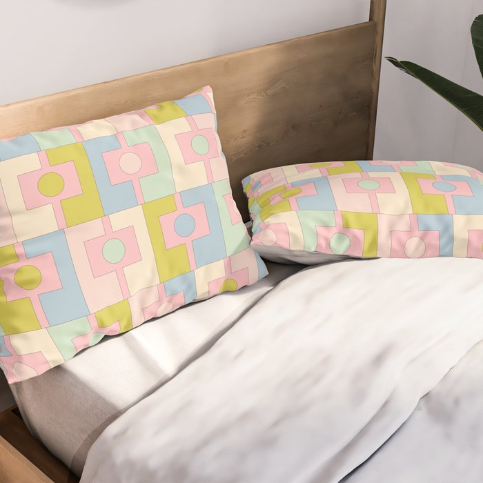 Mid Century Modern Pastel Pink Rektangel Geometric Pattern with Light Blue and Chartreuse Pillow Sham Gallery Image 2
