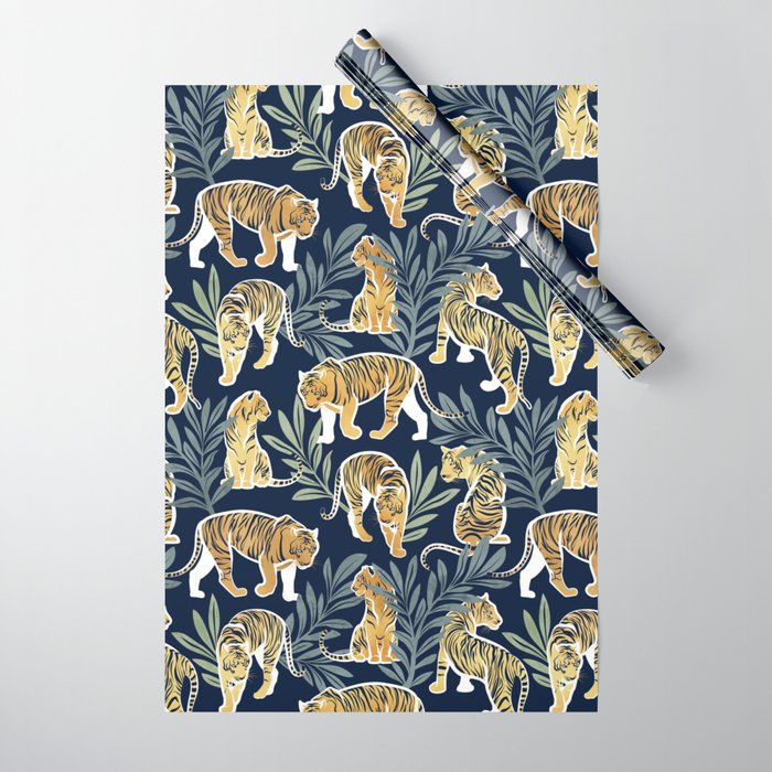 Nouveau white tigers // navy blue background green leaves white lines yellow animals Wrapping Paper Gallery Image 1