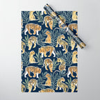 Nouveau white tigers // navy blue background green leaves white lines yellow animals Wrapping Paper Gallery Image 1