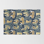 Nouveau white tigers // navy blue background green leaves white lines yellow animals Rug Gallery Image 2