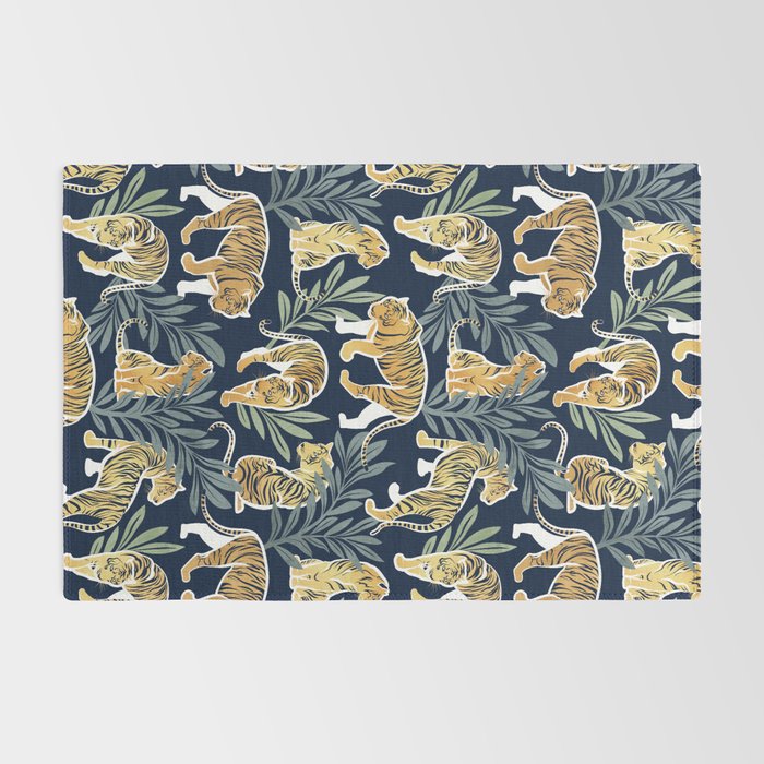 Nouveau white tigers // navy blue background green leaves white lines yellow animals Rug Gallery Image 2