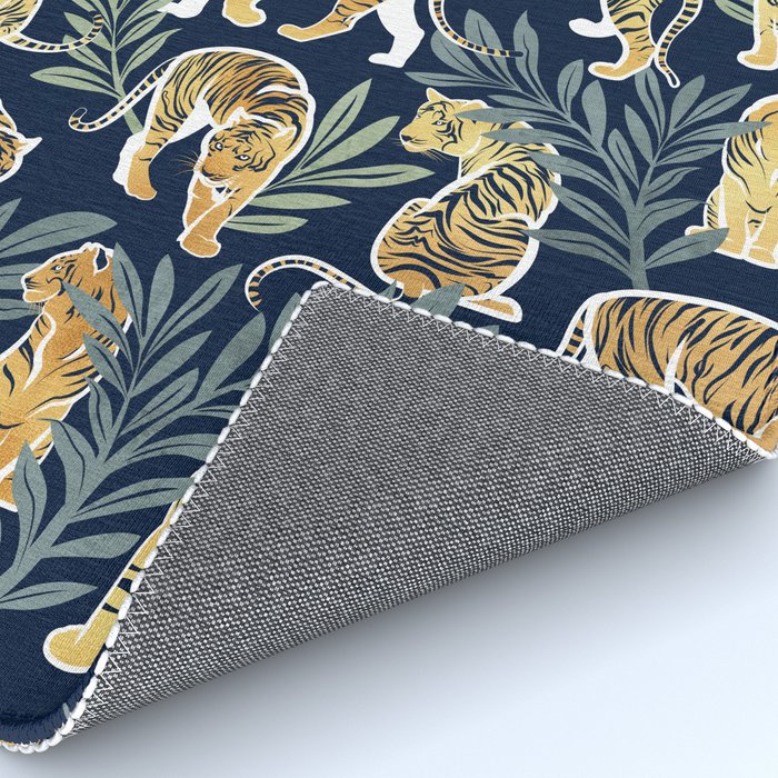 Nouveau white tigers // navy blue background green leaves white lines yellow animals Rug Gallery Image 4