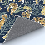 Nouveau white tigers // navy blue background green leaves white lines yellow animals Rug Gallery Image 4