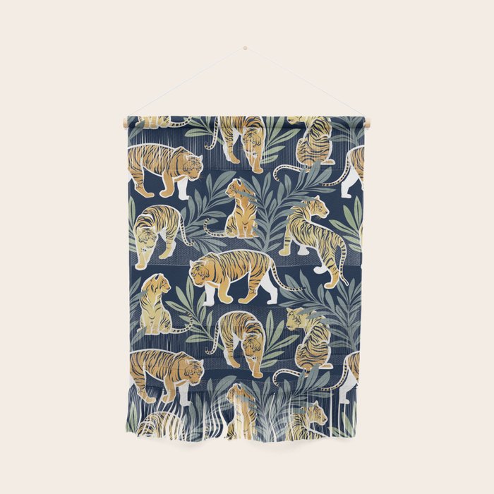 Nouveau white tigers // navy blue background green leaves white lines yellow animals Wall Hanging Gallery Image 1