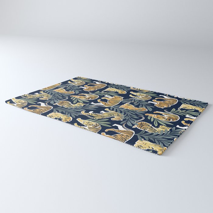Nouveau white tigers // navy blue background green leaves white lines yellow animals Rug Gallery Image 3