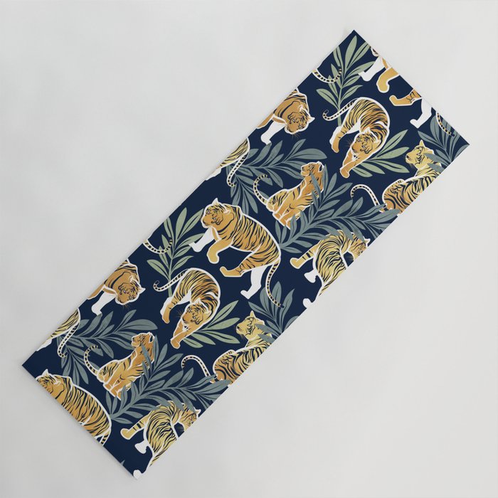 Nouveau white tigers // navy blue background green leaves white lines yellow animals Yoga Mat Gallery Image 1