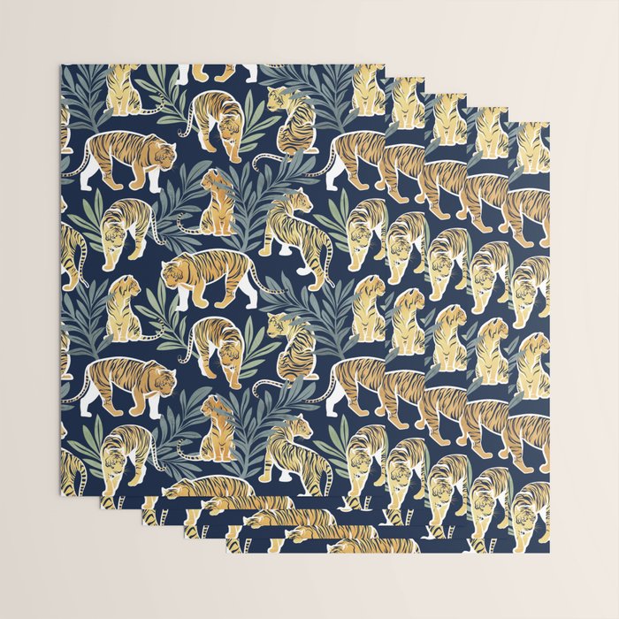 Nouveau white tigers // navy blue background green leaves white lines yellow animals Wrapping Paper Gallery Image 3