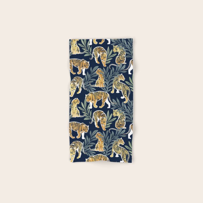 Nouveau white tigers // navy blue background green leaves white lines yellow animals Bath Towel Gallery Image 1