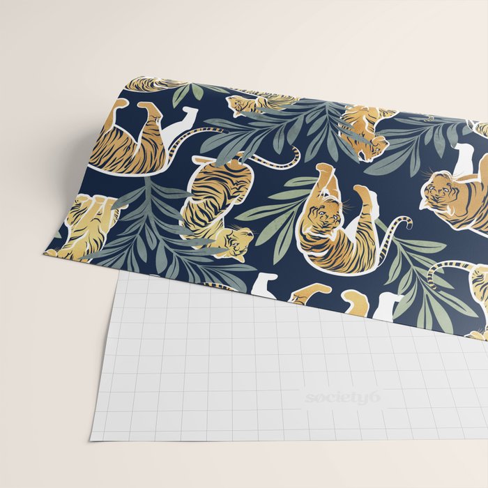 Nouveau white tigers // navy blue background green leaves white lines yellow animals Wrapping Paper Gallery Image 2
