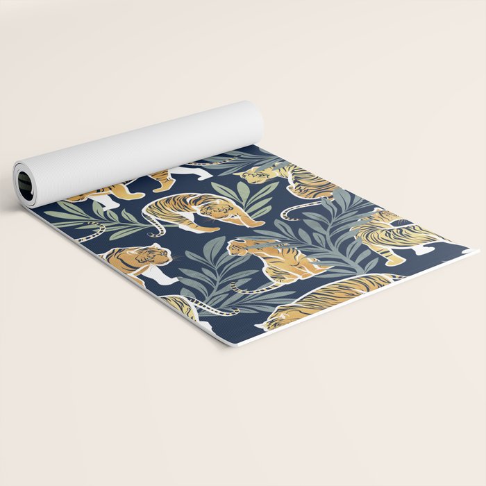 Nouveau white tigers // navy blue background green leaves white lines yellow animals Yoga Mat Gallery Image 2