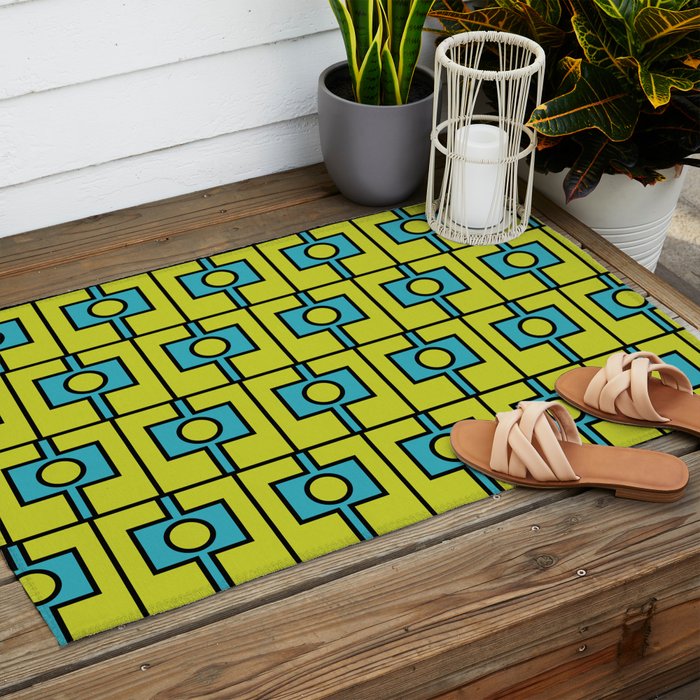 Mid Century Modern Rektangel Geometric Pattern Turquoise Lime Outdoor Rug Gallery Image 2
