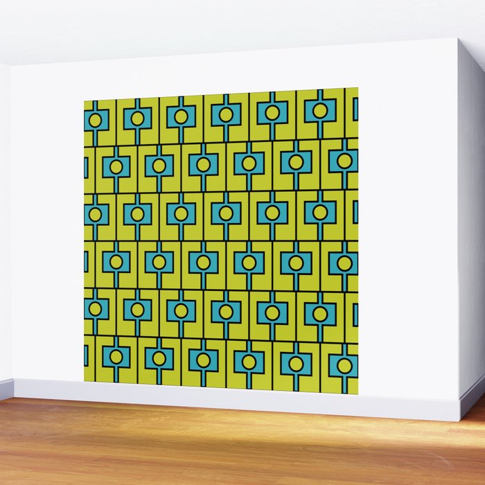 Mid Century Modern Rektangel Geometric Pattern Turquoise Lime Wall Mural Gallery Image 2