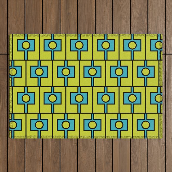 Mid Century Modern Rektangel Geometric Pattern Turquoise Lime Outdoor Rug Gallery Image 1