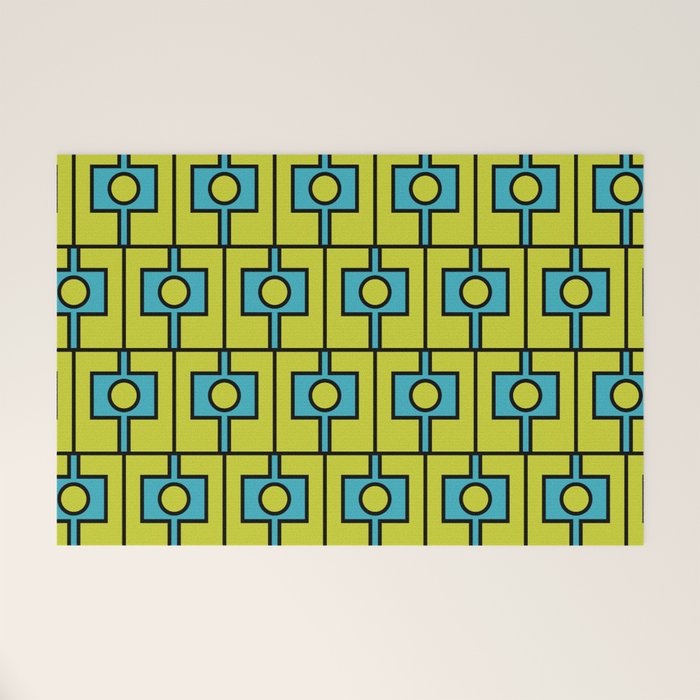 Mid Century Modern Rektangel Geometric Pattern Turquoise Lime Welcome Mat Gallery Image 1