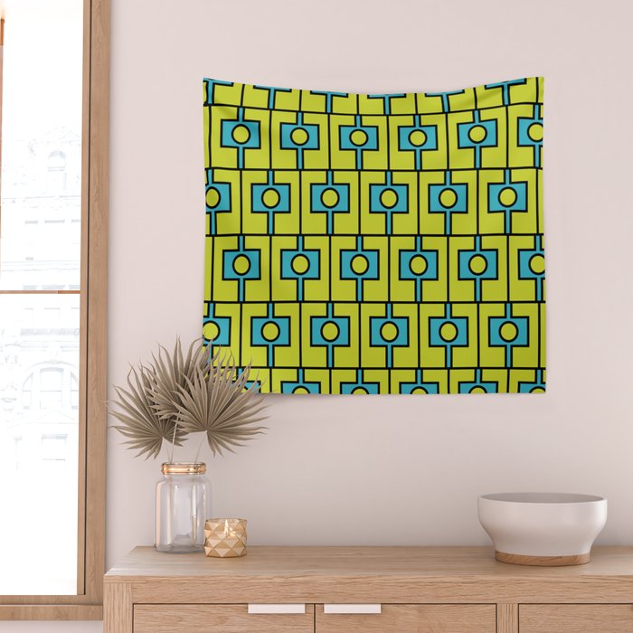 Mid Century Modern Rektangel Geometric Pattern Turquoise Lime Wall Tapestry Gallery Image 2