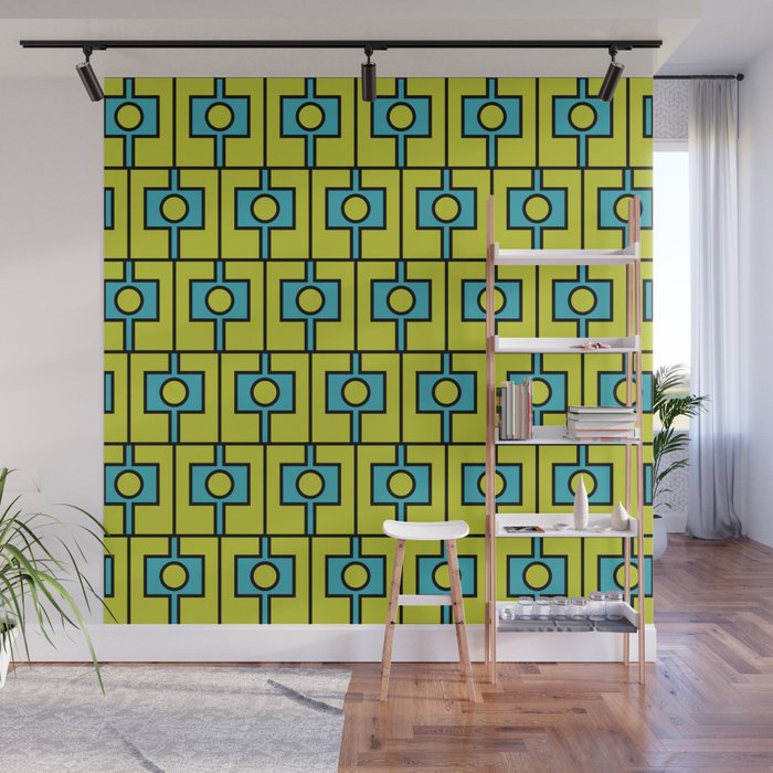 Mid Century Modern Rektangel Geometric Pattern Turquoise Lime Wall Mural Gallery Image 1