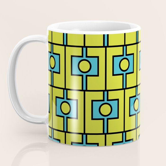 Mid Century Modern Rektangel Geometric Pattern Turquoise Lime Coffee Mug Gallery Image 3
