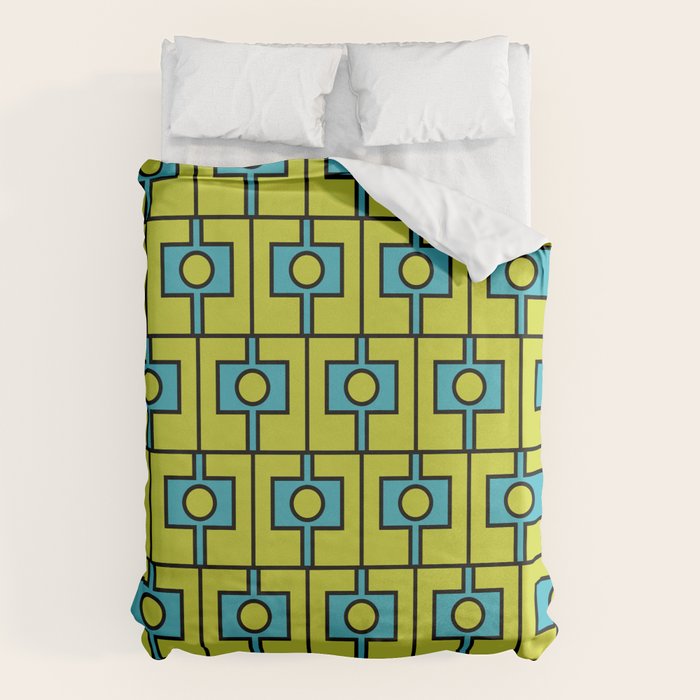 Mid Century Modern Rektangel Geometric Pattern Turquoise Lime Duvet Cover Gallery Image 1