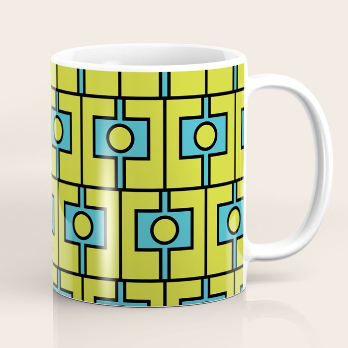 Mid Century Modern Rektangel Geometric Pattern Turquoise Lime Coffee Mug Gallery Image 1