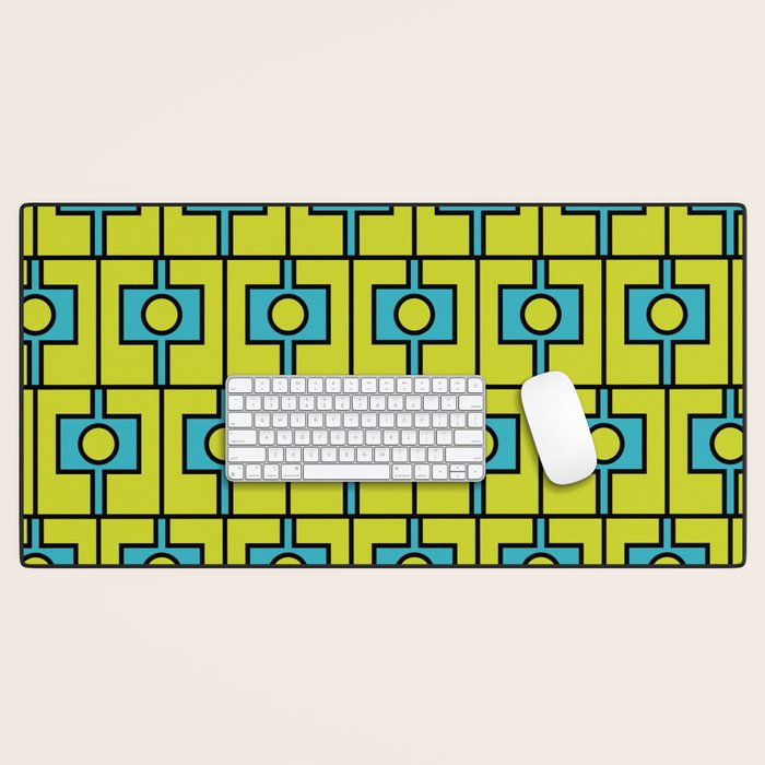 Mid Century Modern Rektangel Geometric Pattern Turquoise Lime Desk Mat Gallery Image 1