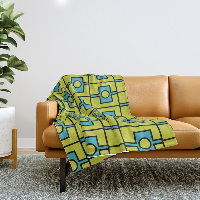 Mid Century Modern Rektangel Geometric Pattern Turquoise Lime Throw Blanket Gallery Image 1