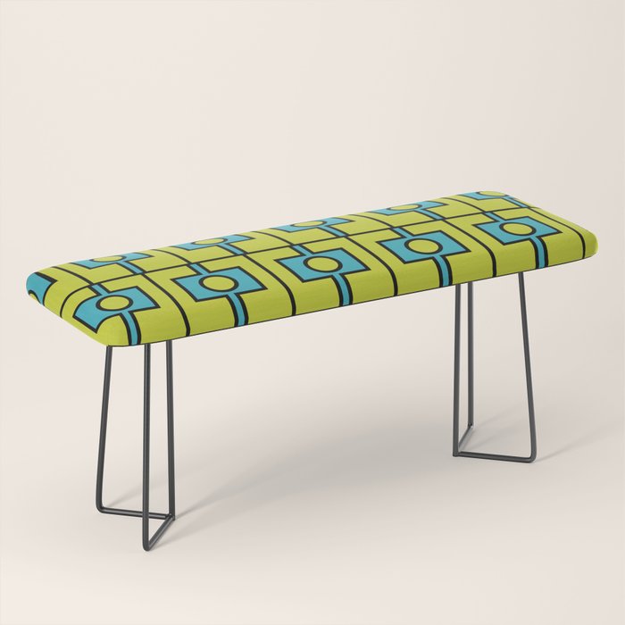 Mid Century Modern Rektangel Geometric Pattern Turquoise Lime Bench Gallery Image 1