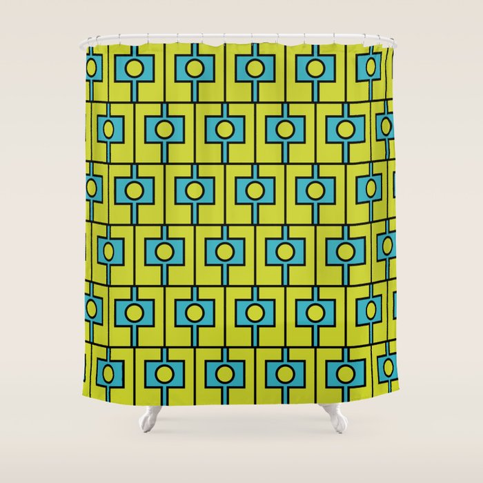 Mid Century Modern Rektangel Geometric Pattern Turquoise Lime Shower Curtain Gallery Image 1