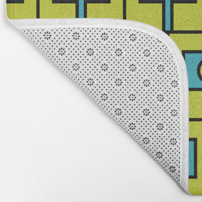 Mid Century Modern Rektangel Geometric Pattern Turquoise Lime Bath Mat Gallery Image 2