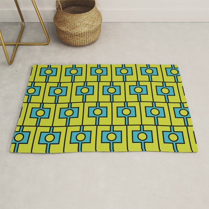 Mid Century Modern Rektangel Geometric Pattern Turquoise Lime Rug Gallery Image 1