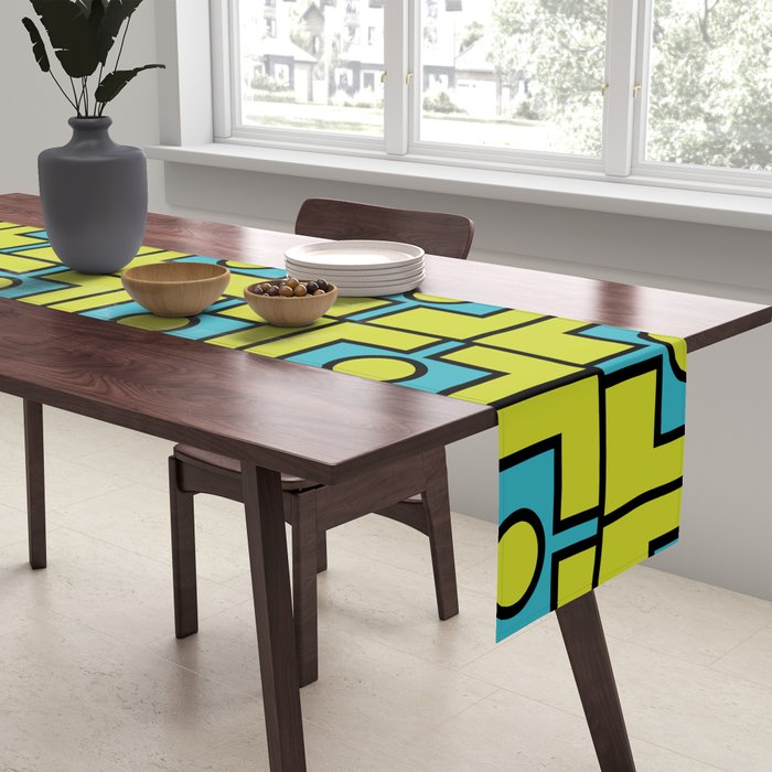 Mid Century Modern Rektangel Geometric Pattern Turquoise Lime Table Runner Gallery Image 2