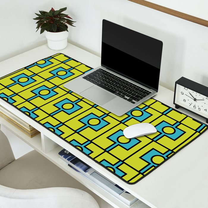 Mid Century Modern Rektangel Geometric Pattern Turquoise Lime Desk Mat Gallery Image 2