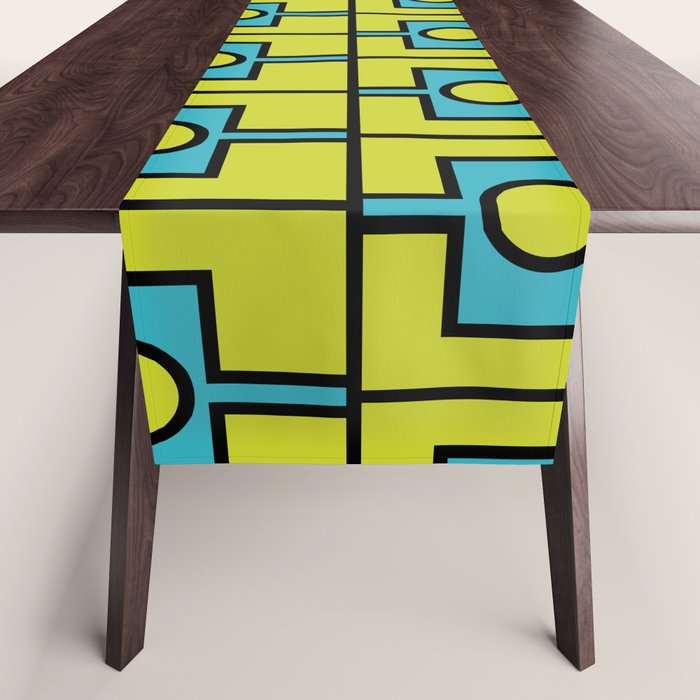 Mid Century Modern Rektangel Geometric Pattern Turquoise Lime Table Runner Gallery Image 1