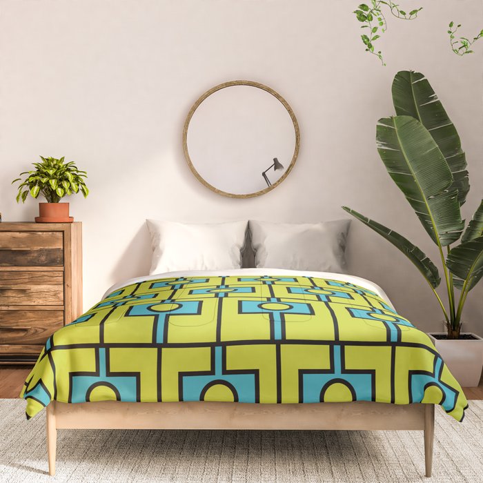 Mid Century Modern Rektangel Geometric Pattern Turquoise Lime Comforter Gallery Image 3
