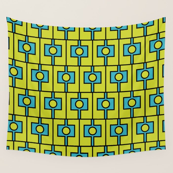 Mid Century Modern Rektangel Geometric Pattern Turquoise Lime Wall Tapestry Gallery Image 4