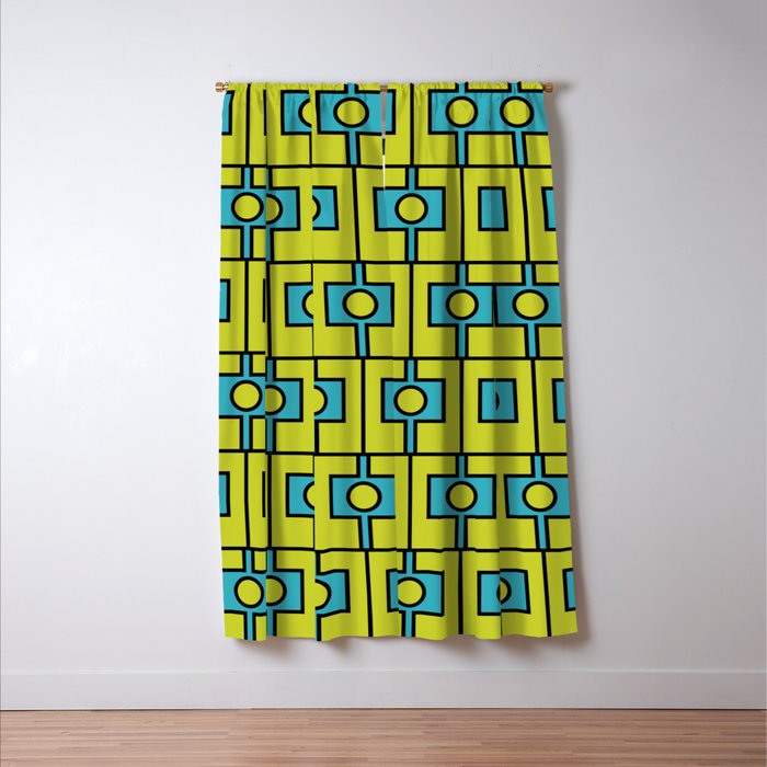 Mid Century Modern Rektangel Geometric Pattern Turquoise Lime Window Curtain Gallery Image 3