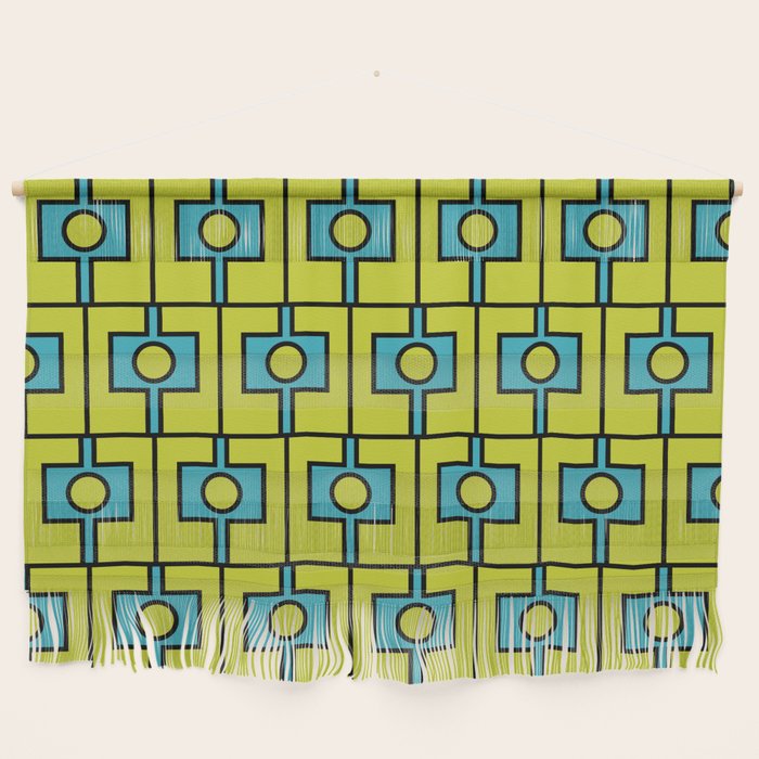 Mid Century Modern Rektangel Geometric Pattern Turquoise Lime Wall Hanging Gallery Image 1