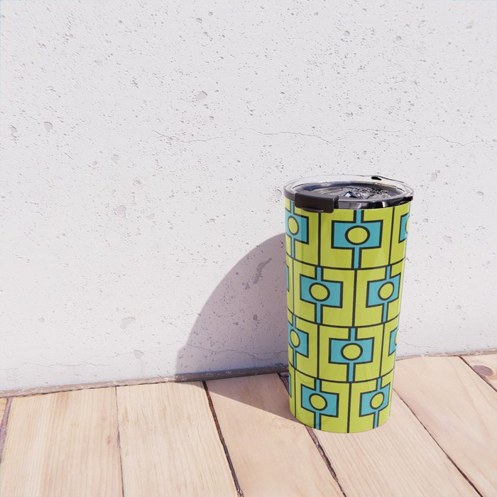 Mid Century Modern Rektangel Geometric Pattern Turquoise Lime Travel Mug Gallery Image 4