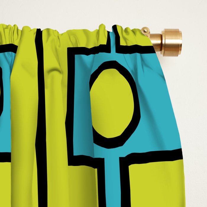 Mid Century Modern Rektangel Geometric Pattern Turquoise Lime Window Curtain Gallery Image 2
