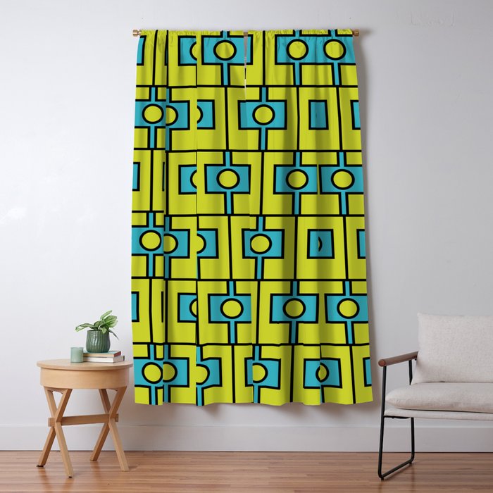 Mid Century Modern Rektangel Geometric Pattern Turquoise Lime Window Curtain Gallery Image 1