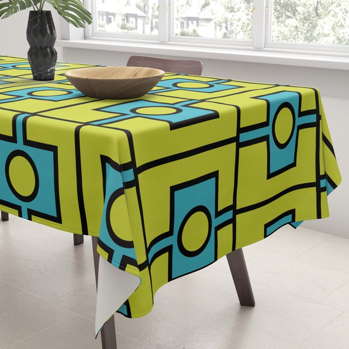 Mid Century Modern Rektangel Geometric Pattern Turquoise Lime Tablecloth Gallery Image 3