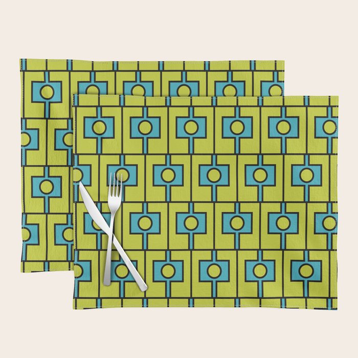 Mid Century Modern Rektangel Geometric Pattern Turquoise Lime Placemat Gallery Image 1