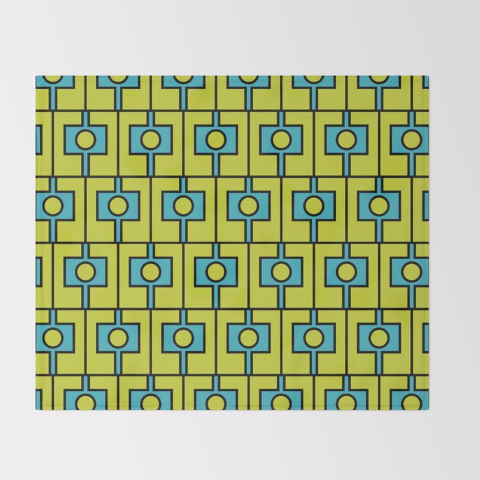 Mid Century Modern Rektangel Geometric Pattern Turquoise Lime Throw Blanket Gallery Image 2