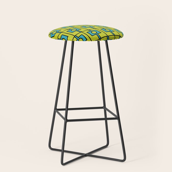 Mid Century Modern Rektangel Geometric Pattern Turquoise Lime Stool Gallery Image 1