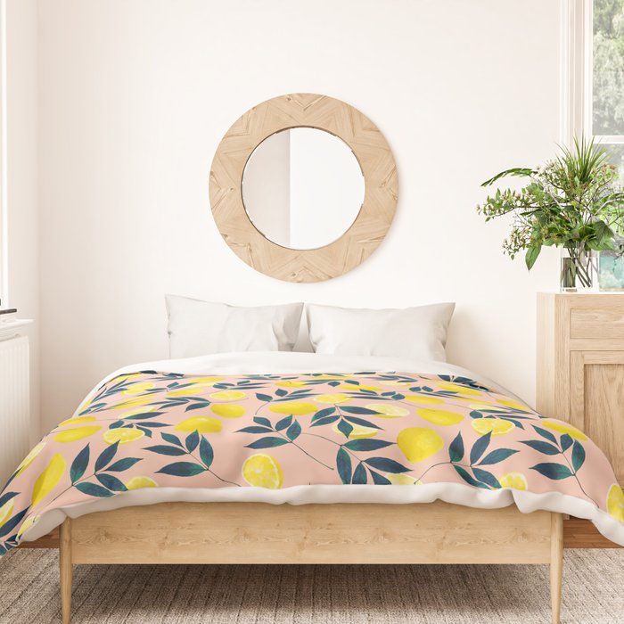 Lemon Goodness, Botanical Nature Forest Illustration, Bohemian Blush Colorful Painting Duvet Cover Gallery Image 3