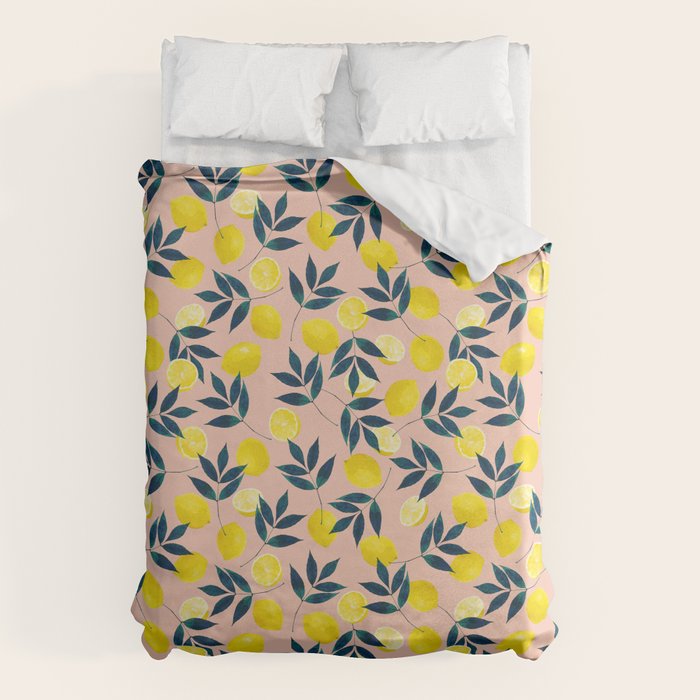 Lemon Goodness, Botanical Nature Forest Illustration, Bohemian Blush Colorful Painting Duvet Cover Gallery Image 6