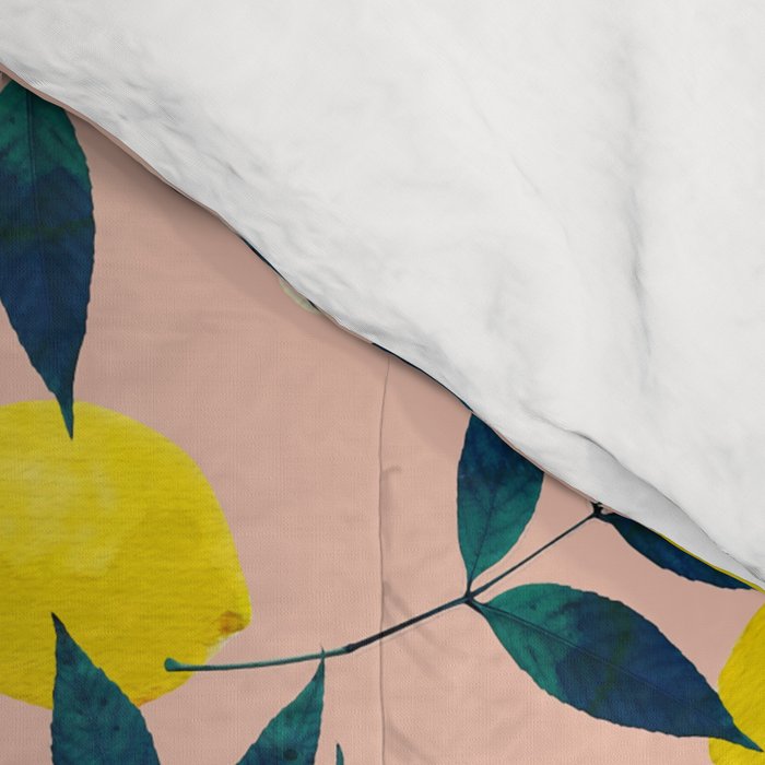 Lemon Goodness, Botanical Nature Forest Illustration, Bohemian Blush Colorful Painting Comforter Gallery Image 4